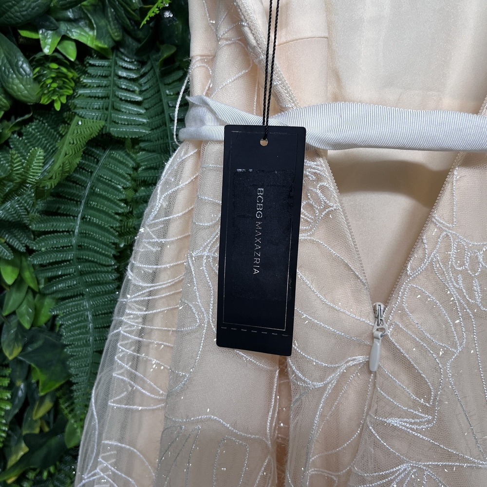 BCBGMAXAZRIA Dress Embroidered 6 Beige Organza Women Midi Gown $428 NWT 1894 - Picture 8 of 14